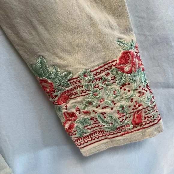Denim & Co. Beige Jacket Women Small Floral Embroidered Cuffs Cozy Cotton‎ Blend - Picture 5 of 8